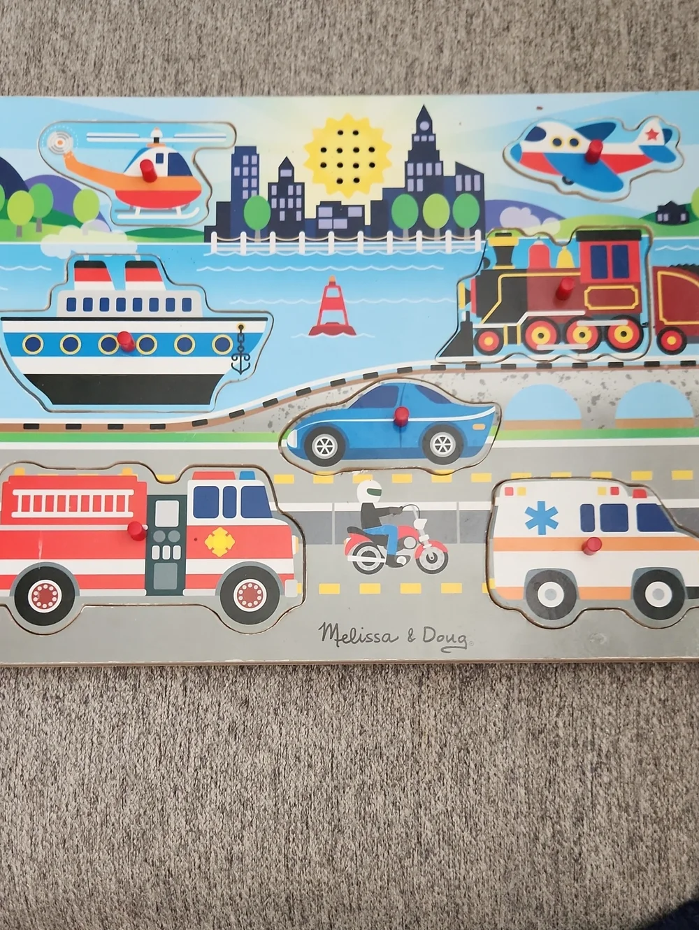 Melissa & Doug Blue Transport Peg Puzzle with Red Accents